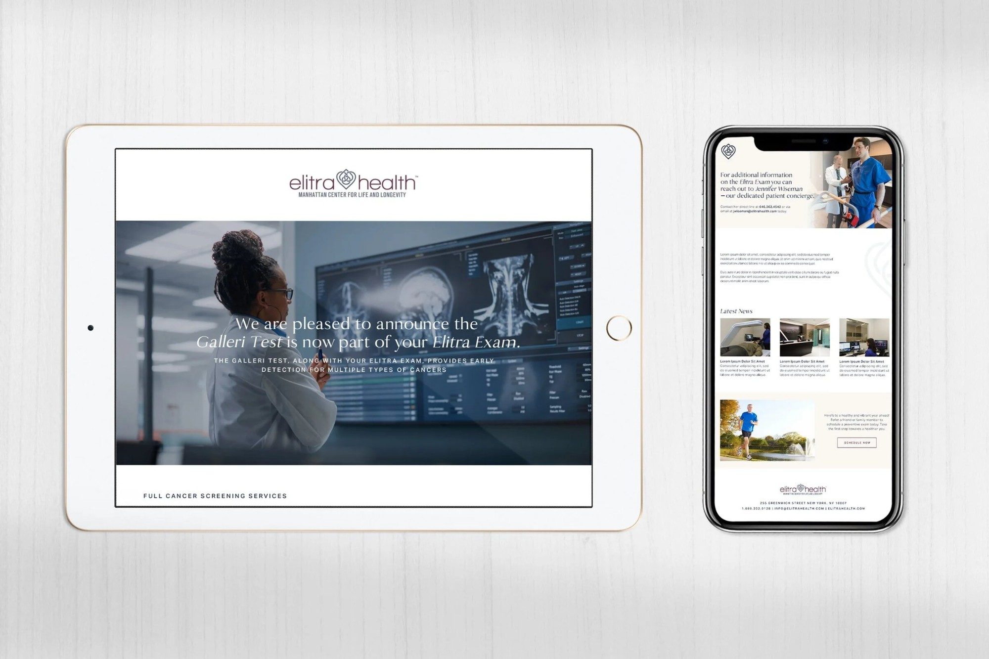Elitra Health website and email newsletter on tablet and phone